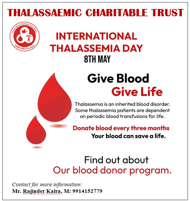 Thalassemia Charitable Trust and PGIMER Chandigarh to Organise Mega Blood Donation Camp on World Thalassemia Day 8th May 2025 